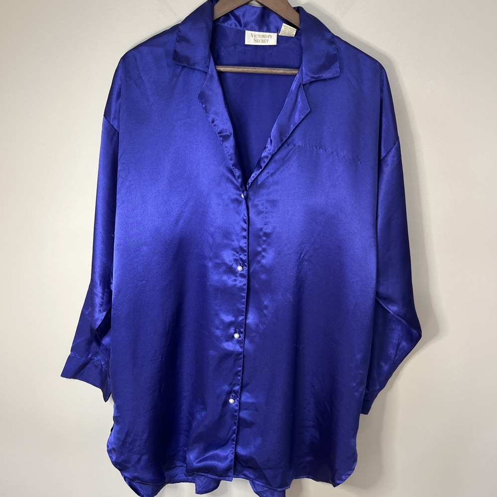 VTG Victoria Secret Satin Blue Sleep Shirt Nightgown Gold Label M/L Pearl Button